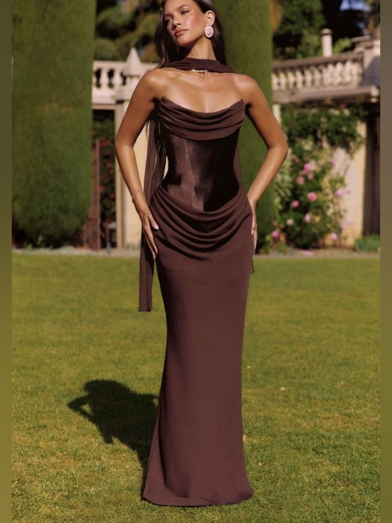 Elegant Brown Draped Evening Dress